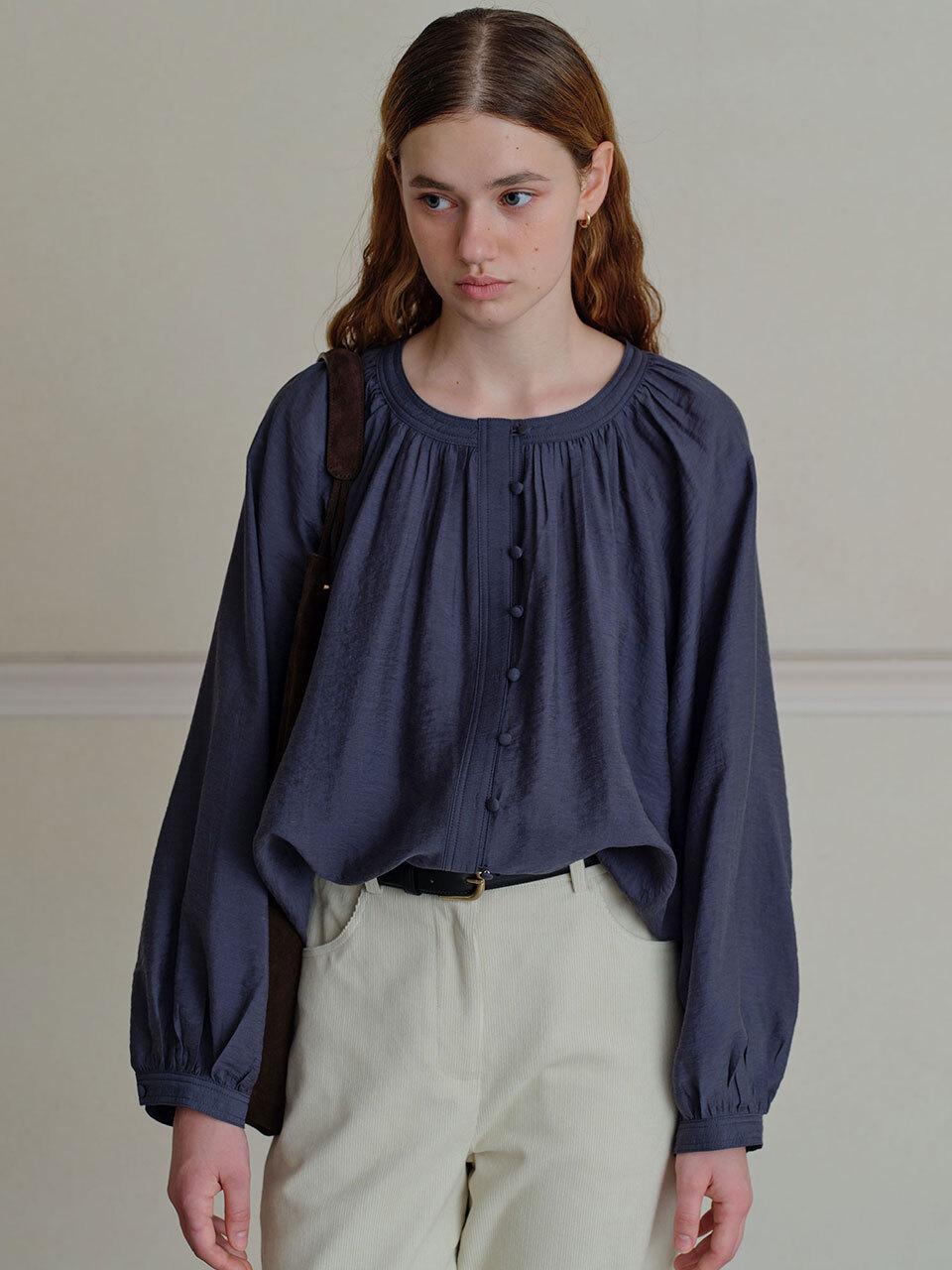 THE RYE Shirring Round - Neck Blouse (Charcoal)
