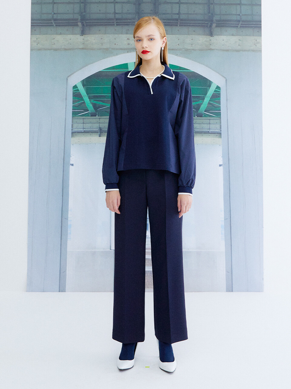 the studio K Pique Long Sleeve Top_Navy