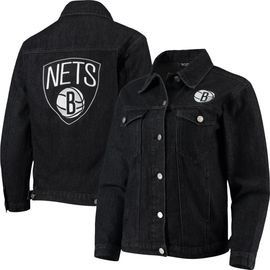 THE WILD COLLECTIVE Women's The Wild Collective Black Brooklyn Nets Patch Denim Button-Up Jacket 
