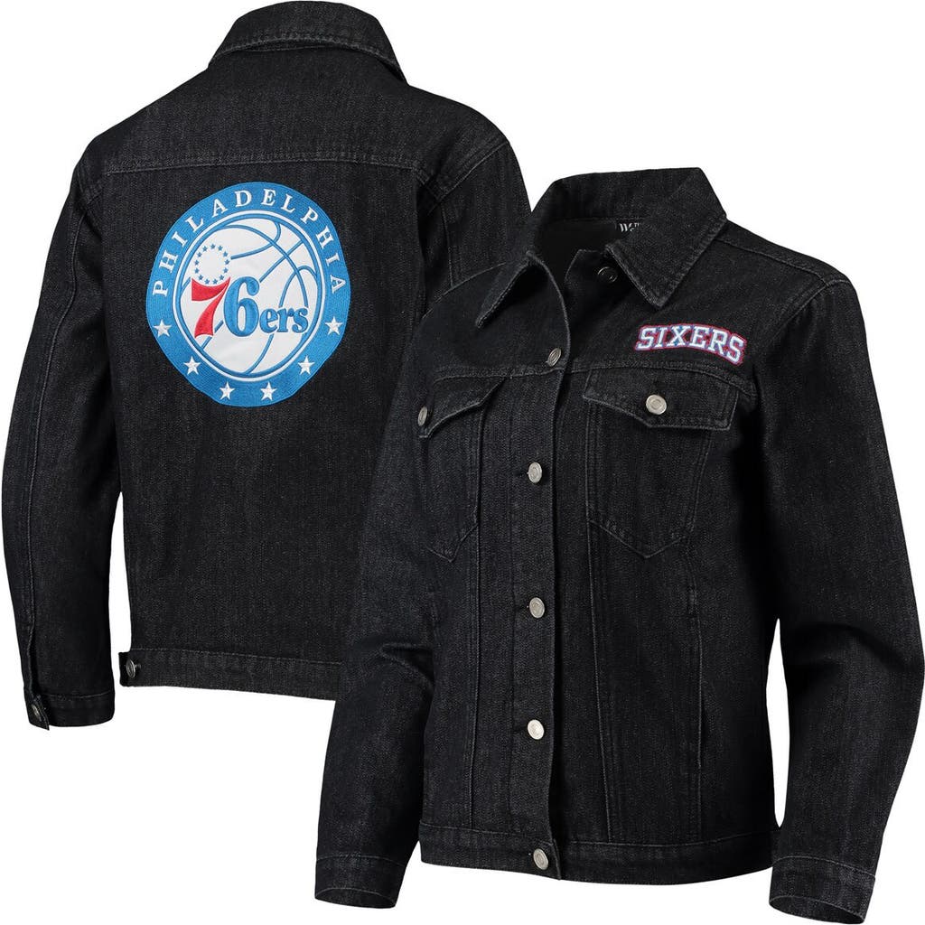 THE WILD COLLECTIVE Women's The Wild Collective Black Philadelphia 76ers Patch Denim Button-Up Jacket 