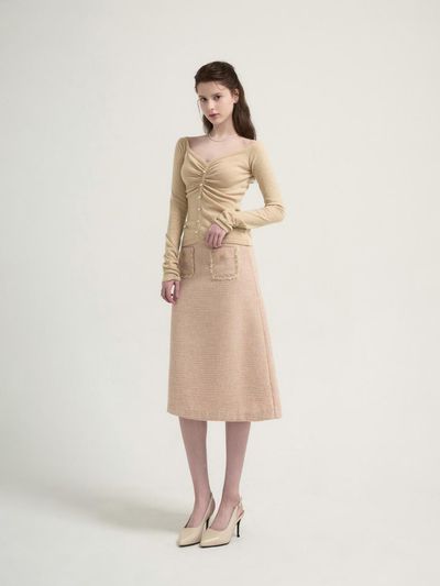 THEATRE Zemma tweed midi skirt [Beige]