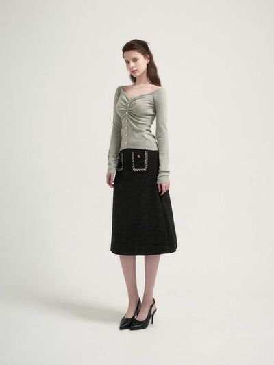 THEATRE Zemma tweed midi skirt [Black]