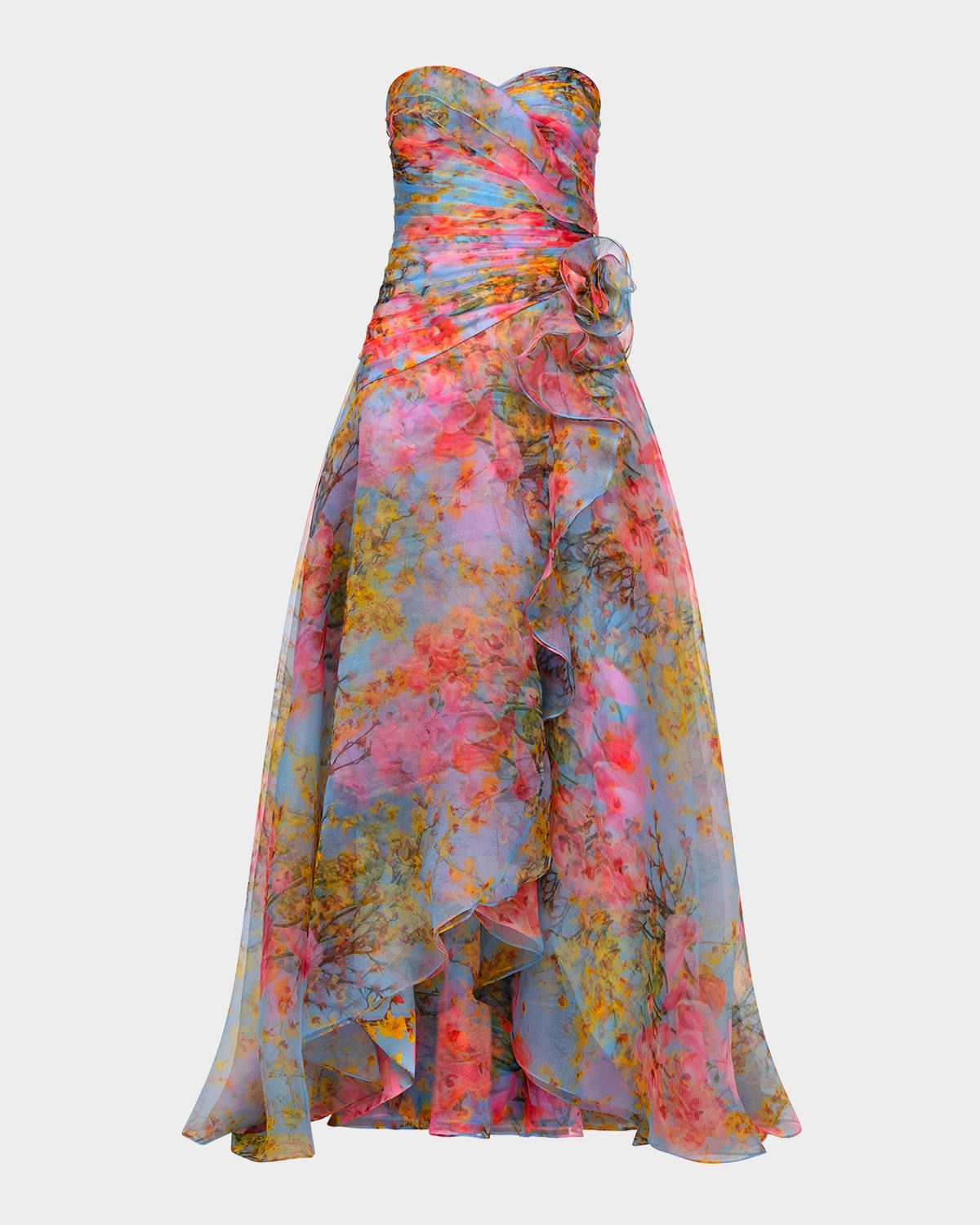Theia Eloise Strapless Floral-Print Organza Gown