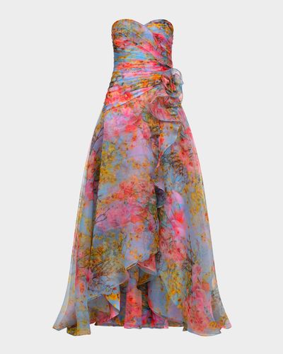 Theia Eloise Strapless Floral-Print Organza Gown