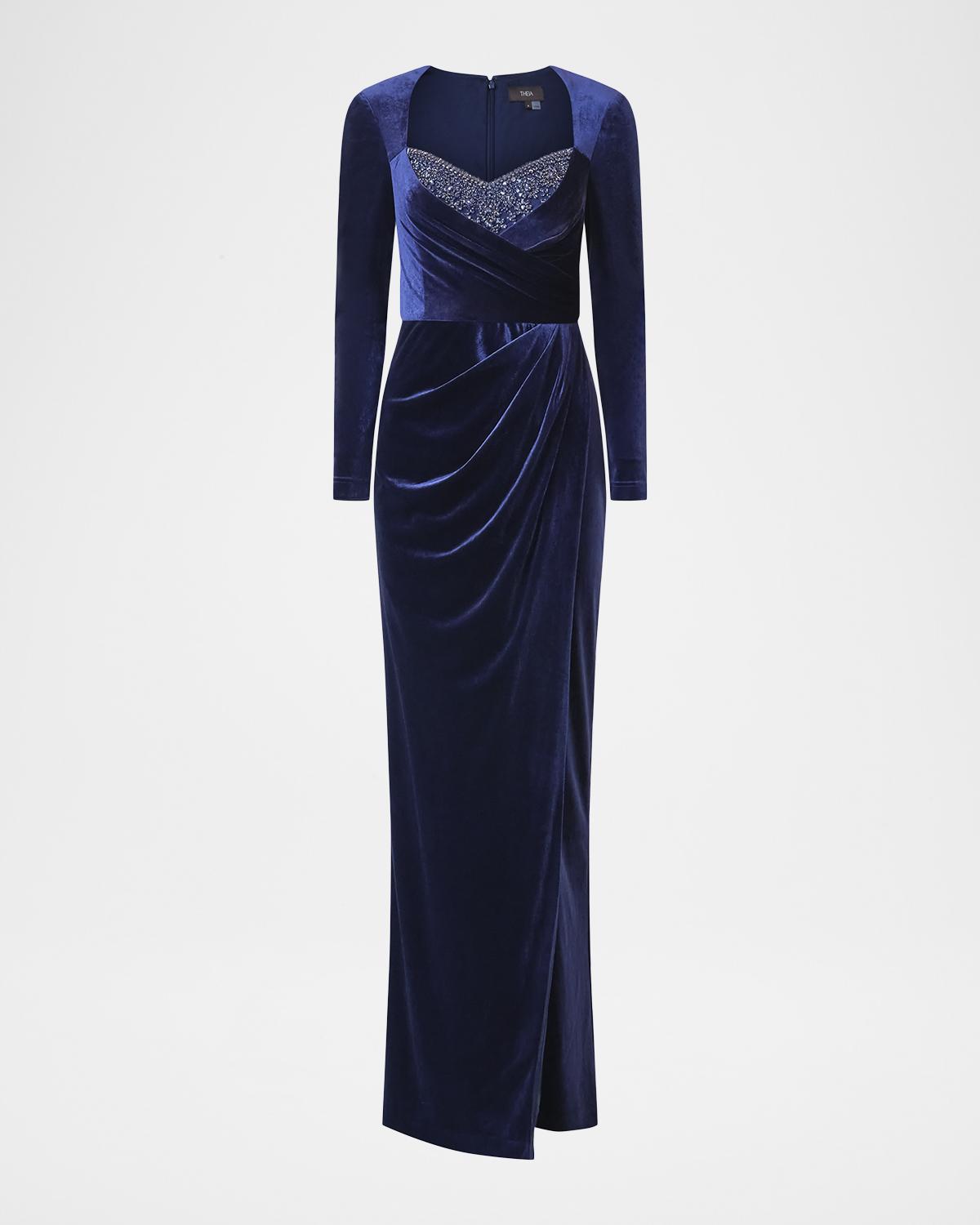 Theia Emerson Draped Stretch Velvet Column Gown