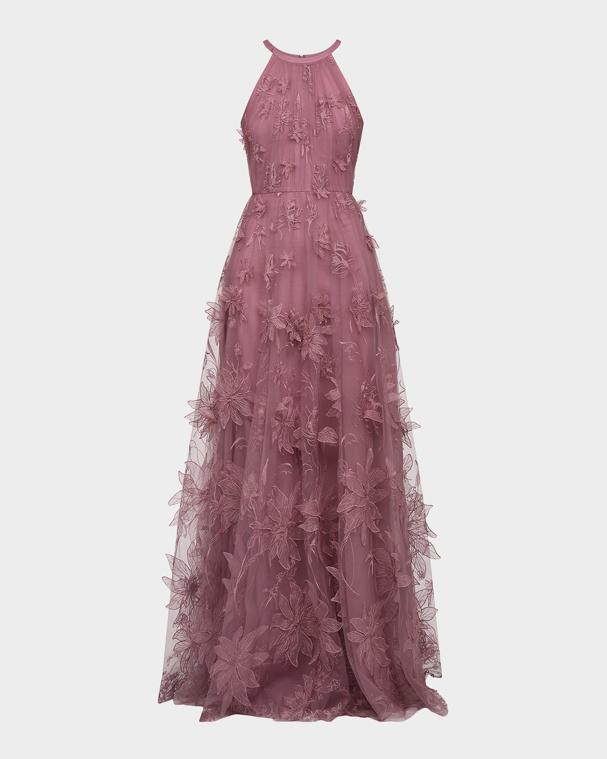 Theia Floral-Embroidered Halter Tulle Gown