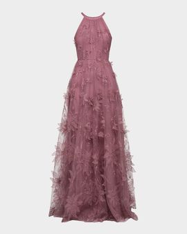 Theia Floral-Embroidered Halter Tulle Gown