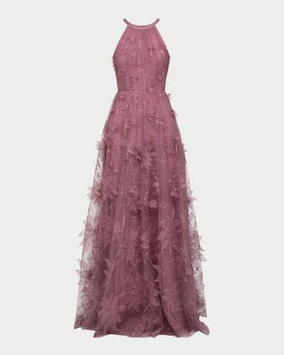 Theia Floral-Embroidered Halter Tulle Gown