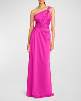 Theia Gloria Pleated Twist-Front One-Shoulder Gown
