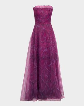Theia Ivana Strapless Printed Organza Gown