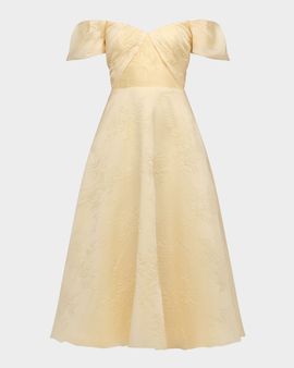 Theia Mel Off-Shoulder Jacquard Midi Dress