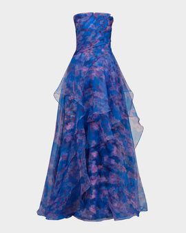 Theia Orelia Strapless Floral-Print Orgnaza Gown