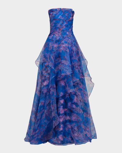 Theia Orelia Strapless Floral-Print Orgnaza Gown