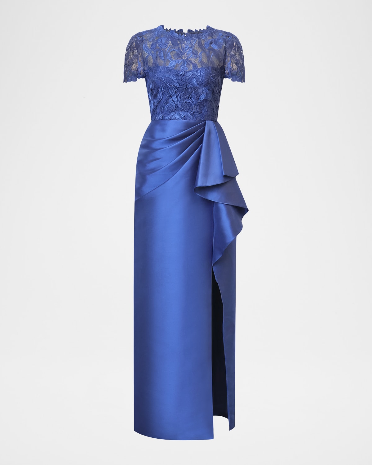 Theia Selena Draped Floral Lace & Mikado Column Gown