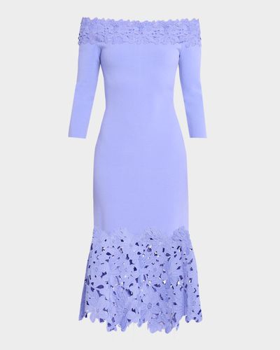 Theia Sia Off-Shoulder Lace & Knit Midi Dress