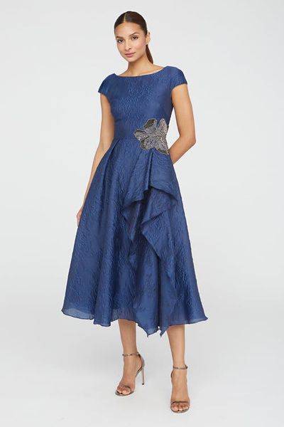 Theia Theia Caity High Low Cocktail Bateau Neck Jacquard Dress