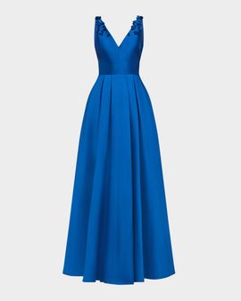 Theia Velina Pleated Floral Applique Mikado Gown