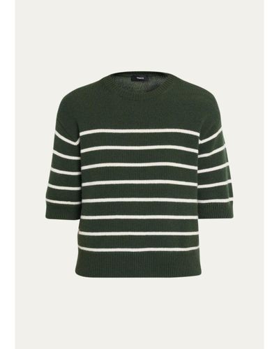 Theory Striped Cashmere Crop Short-Sleeve Sweater