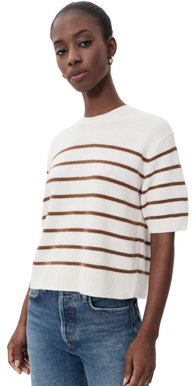 Theory Theory Crop Stripe Cashmere Knit Tee Ivory/Acacia Stripe