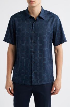 Theory Theory Irving Grid Print Short Sleeve Lyocell Button-Up Shirt