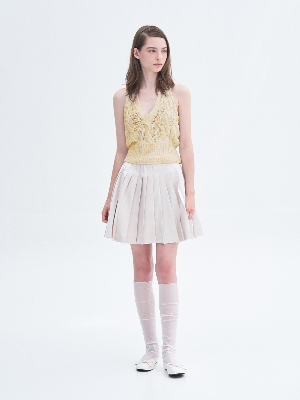 THETIS Pleats Satin Basic Skirt_Light Beige