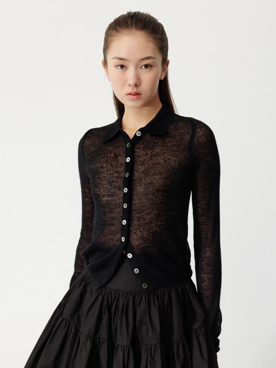 THETIS Sheer Collared Cardigan - Black