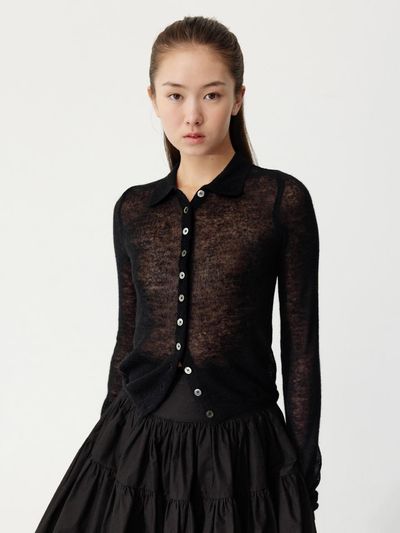 THETIS Sheer Collared Cardigan - Black