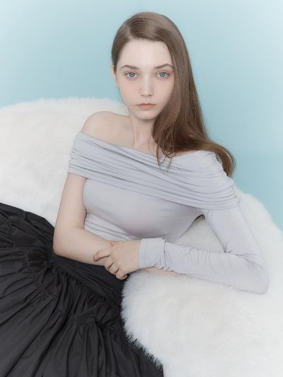 THETIS Shirred Off Shoulder Top_Slate Gray