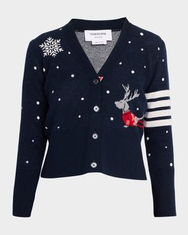 Thom Browne 4-Bar Wool Hector Reindeer V-Neck Cardigan