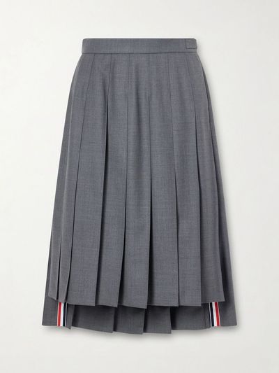 THOM BROWNE Asymmetric grosgrain-trimmed pleated wool midi skirt
