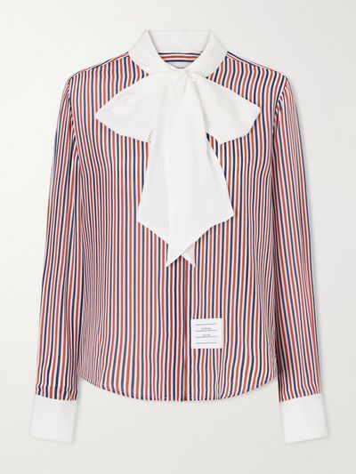 THOM BROWNE Bow-detailed striped silk crepe de chine shirt