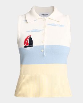 Thom Browne Embroidered Nantucket Intarsia Sleeveless Polo Sweater