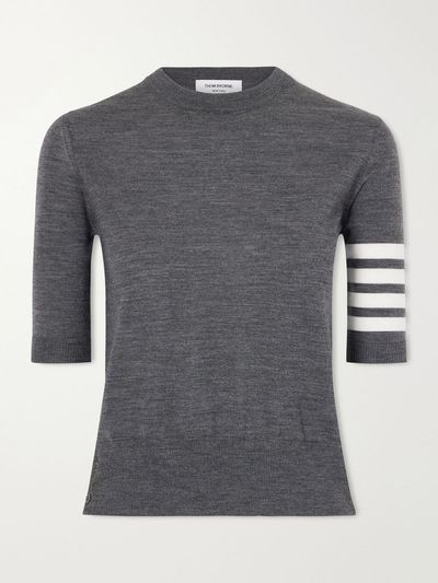THOM BROWNE Grosgrain-trimmed striped wool-blend sweater