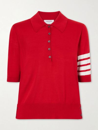 THOM BROWNE Grosgrain-trimmed striped wool polo shirt