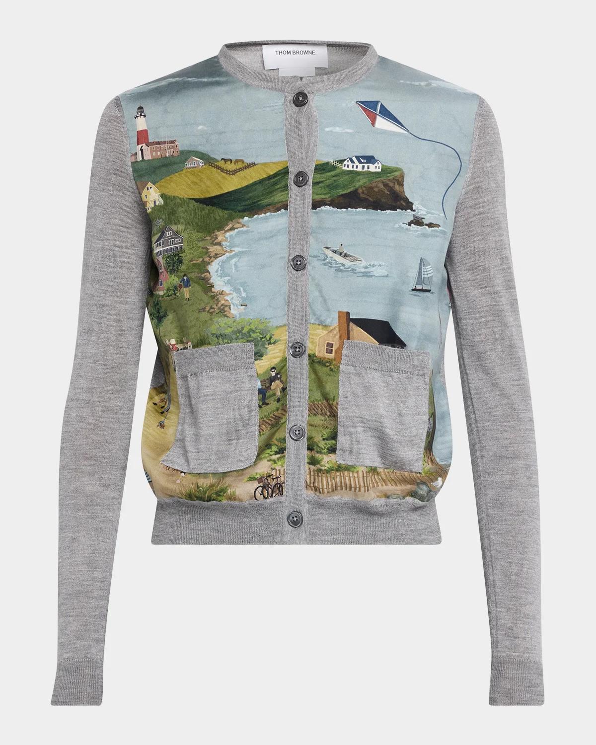 Thom Browne Nantucket Scenic Silk & Cashmere Knit Crewneck Cardigan