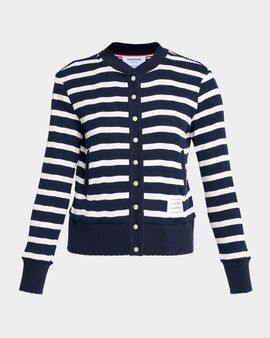 Thom Browne Striped Cotton Rib Crewneck Cardigan