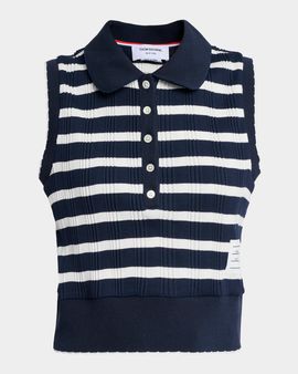 Thom Browne Striped Ladder Rib Sleeveless Polo Top