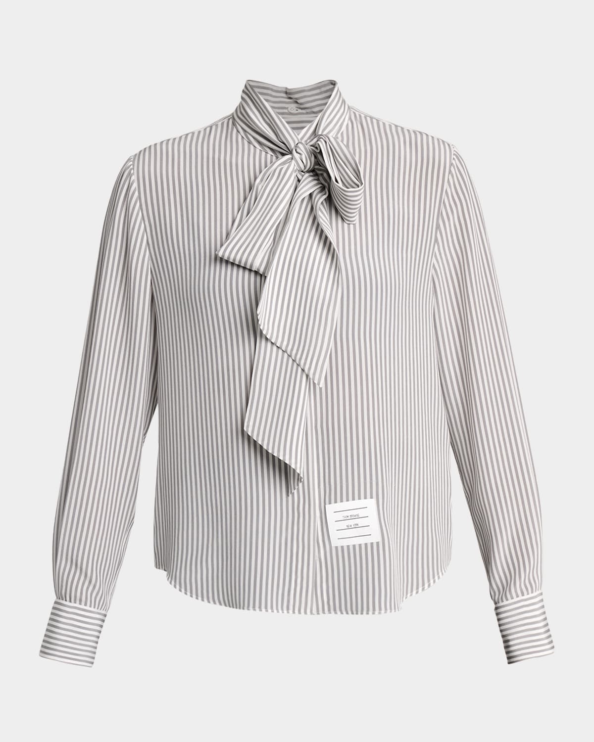 Thom Browne Striped Silk Neck-Scarf Button-Down Blouse