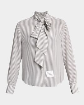 Thom Browne Striped Silk Neck-Scarf Button-Down Blouse