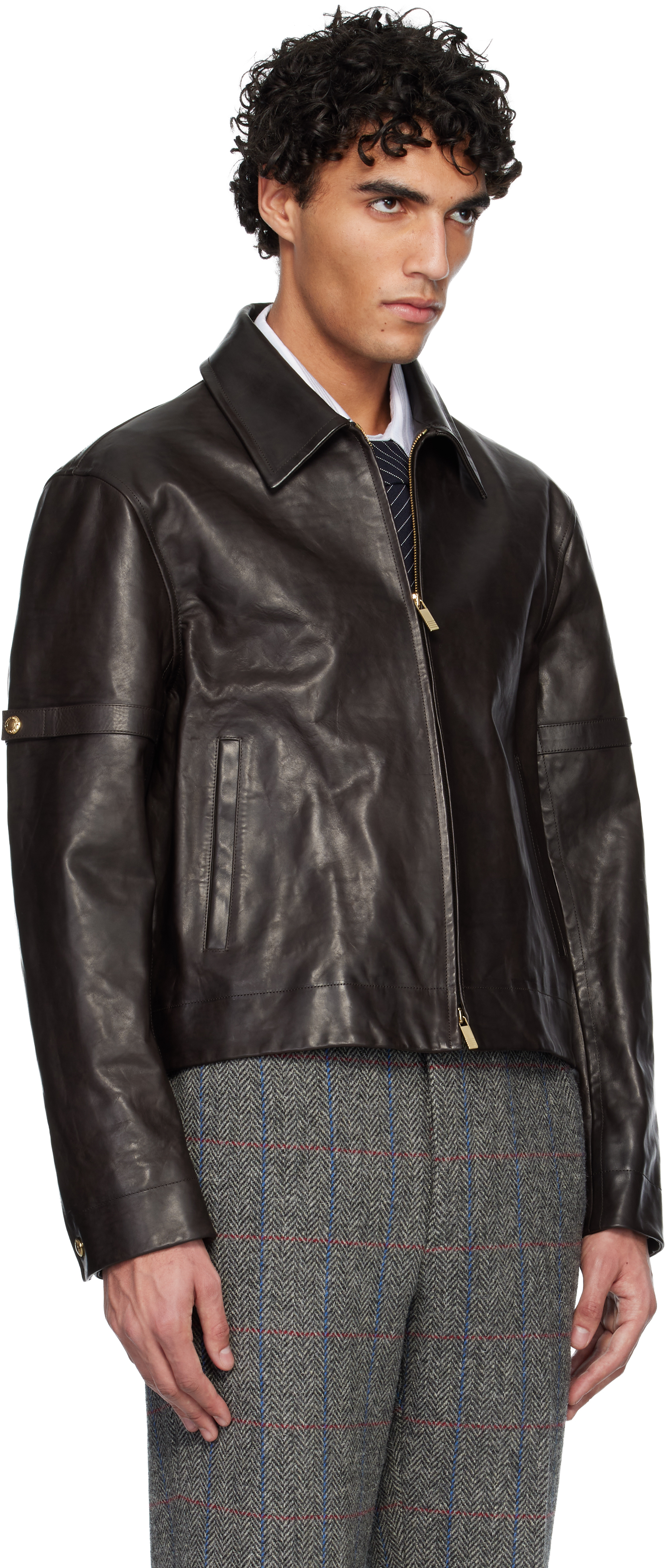 Thom Browne - Brown Zip Front Armband Leather Jacket