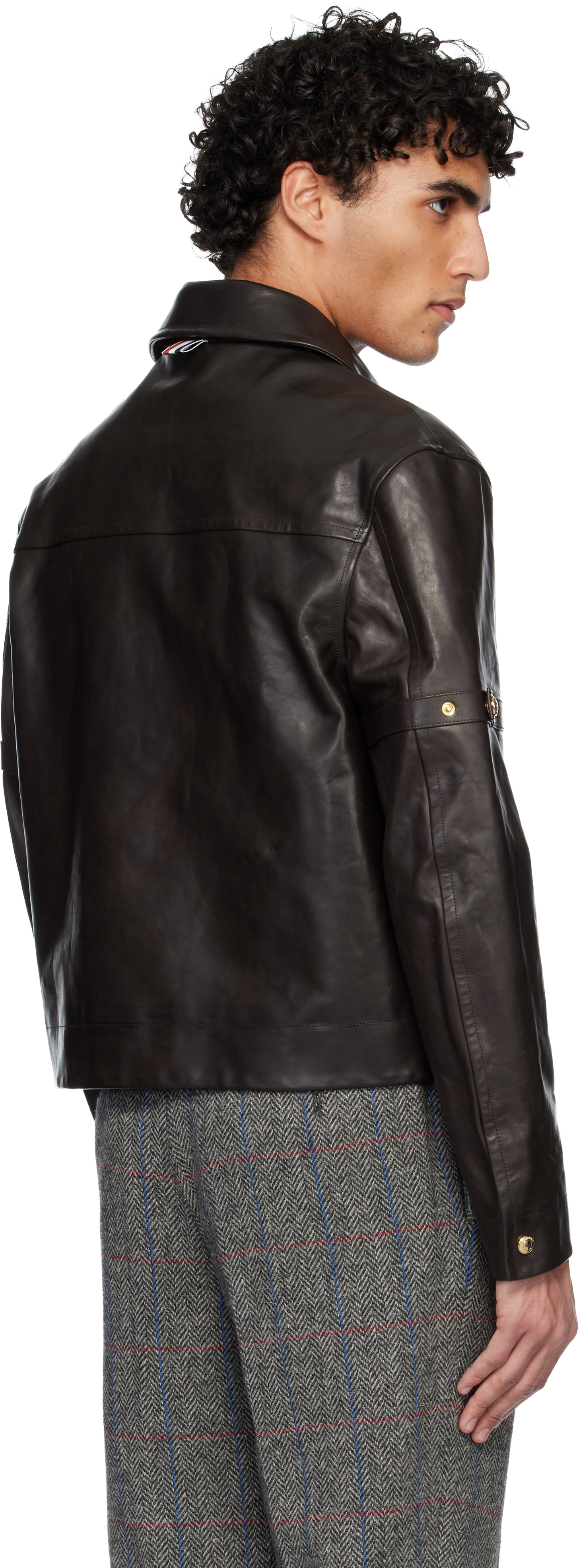 Thom Browne - Brown Zip Front Armband Leather Jacket