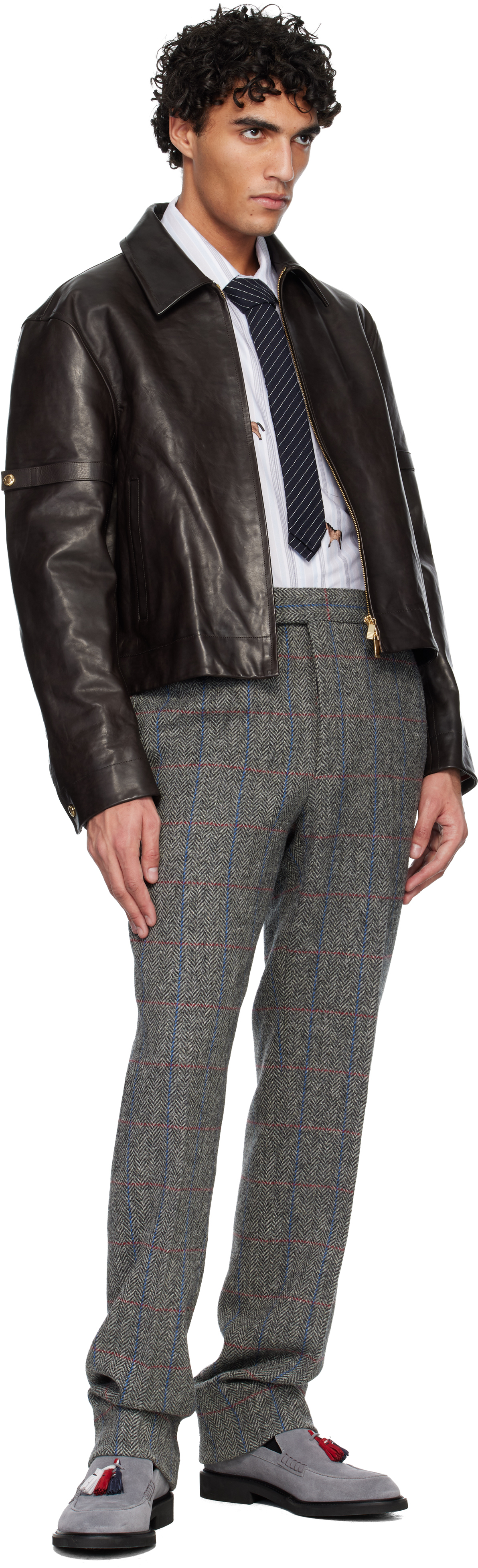 Thom Browne - Brown Zip Front Armband Leather Jacket