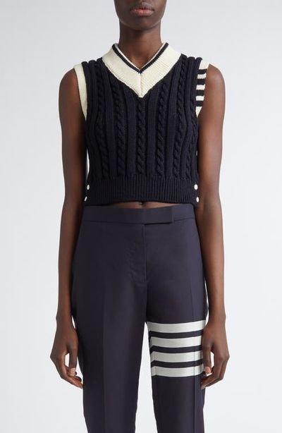 Thom Browne Thom Browne Cable Knit 4-Bar Virgin Wool Sweater Vest