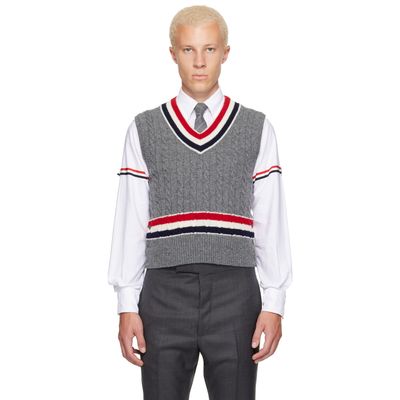 Thom Browne Thom Browne Gray Baby Cable V-Neck Cricket RWB Vest