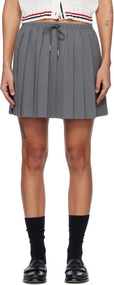 Thom Browne Thom Browne Gray Wool Seersucker Drawstring Pleated Miniskirt