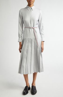 Thom Browne Thom Browne Long Sleeve Pleated Silk Midi Shirtdress