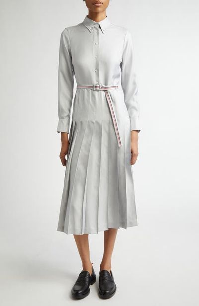 Thom Browne Thom Browne Long Sleeve Pleated Silk Midi Shirtdress