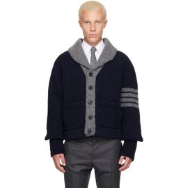 Thom Browne Thom Browne Navy & Gray 'Browne 65' Jersey Intarsia Shawl Collar Cardigan