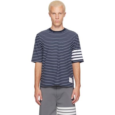 Thom Browne Thom Browne Navy & White Jersey 4-Bar Knit Pocket T-shirt