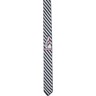 Thom Browne Thom Browne Navy & White Sail Boat Pin Stripe Jacquard Knit Tie
